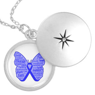 Colon Cancer Butterfly Collage of Words Silver Plated Necklace