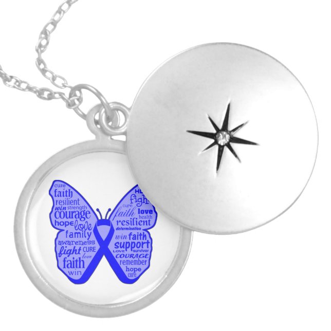 Colon Cancer Butterfly Collage of Words Silver Plated Necklace (Front)