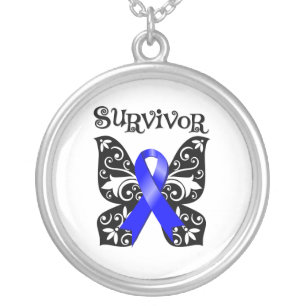 Colon Cancer Butterfly Ribbon Silver Plated Necklace