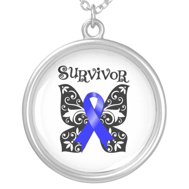 Colon Cancer Butterfly Ribbon Silver Plated Necklace (Front)