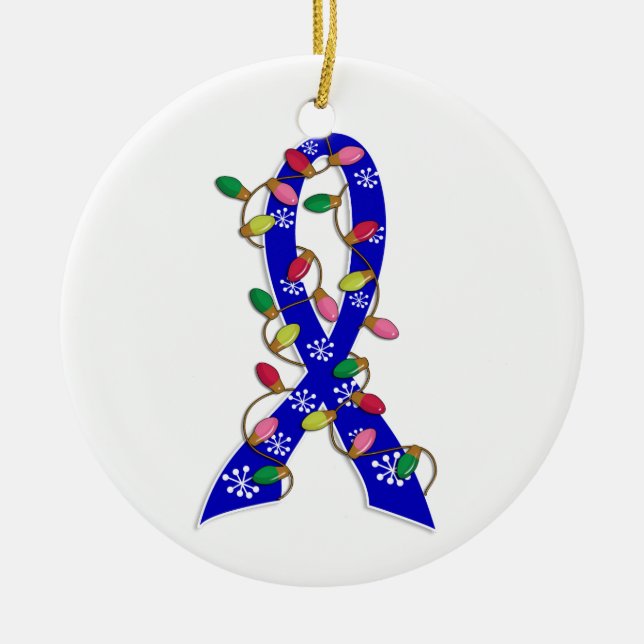 Colon Cancer Christmas Lights Ribbon Ceramic Ornament (Front)