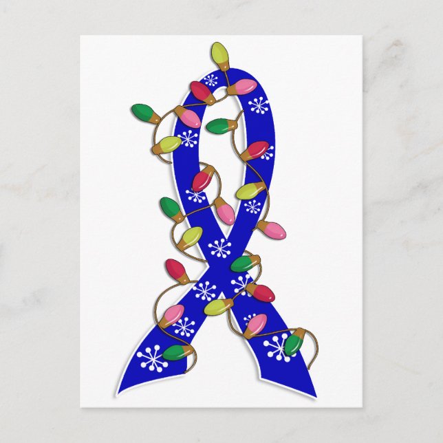 Colon Cancer Christmas Lights Ribbon Holiday Postcard (Front)