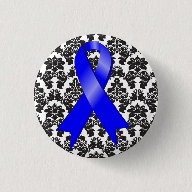 Colon Cancer Damask Blue Ribbon Button (Front)