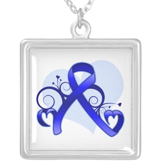 Colon Cancer Floral Heart Ribbon Silver Plated Necklace (Front)
