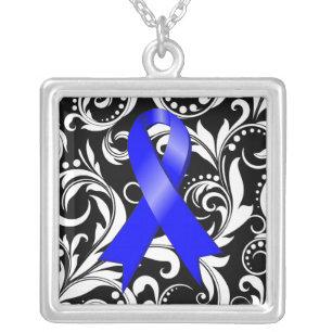 Colon Cancer Ribbon Deco Floral Noir Silver Plated Necklace