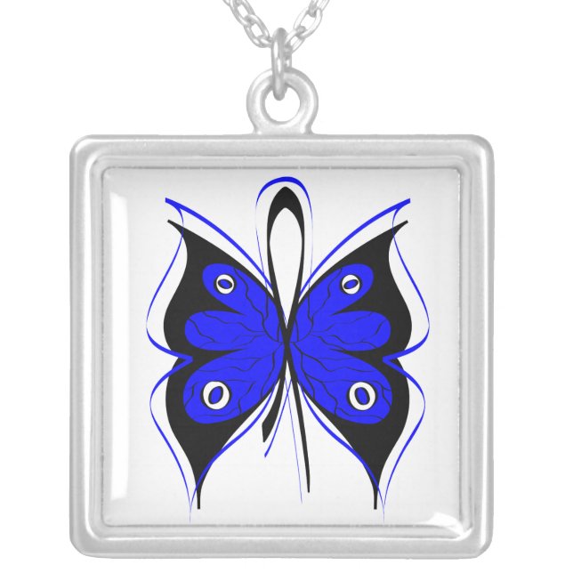 Colon Cancer Stylish Butterfly Awareness Ribbon Silver Plated Necklace (Front)