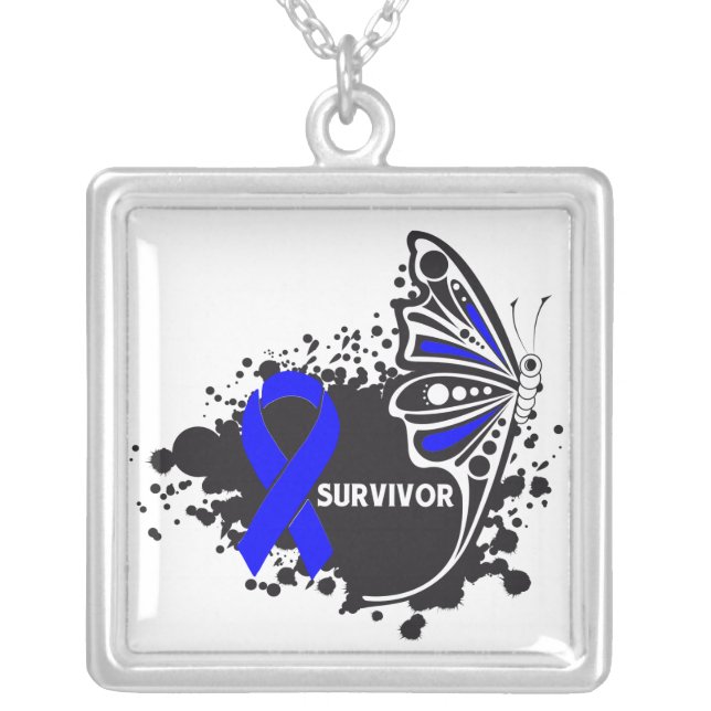 Colon Cancer Survivor Tattoo Butterfly Silver Plated Necklace (Front)