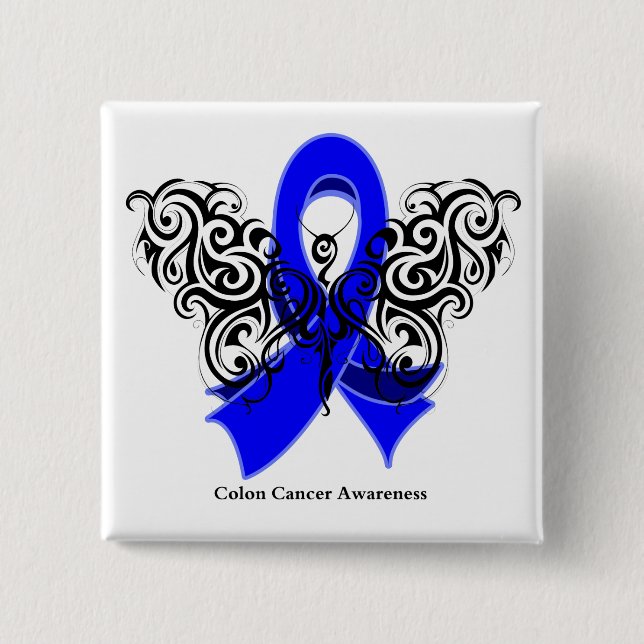 Colon Cancer Tribal Butterfly Ribbon Pinback Button (Front)