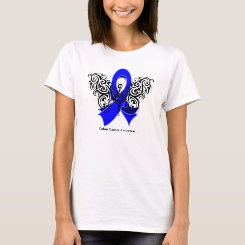 Colon Cancer Tribal Butterfly Ribbon T_Shirt