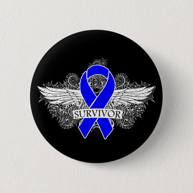 Colon Cancer Winged SURVIVOR Ribbon Pinback Button (Front)