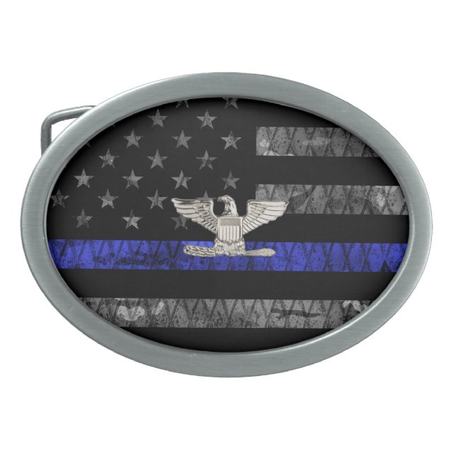 Colonel Thin Blue Line Distressed Flag Belt Buckle (Front)