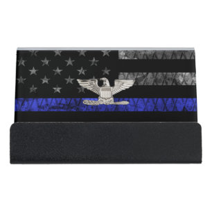 Colonel Thin Blue Line Distressed Flag Desk Business Card Holder
