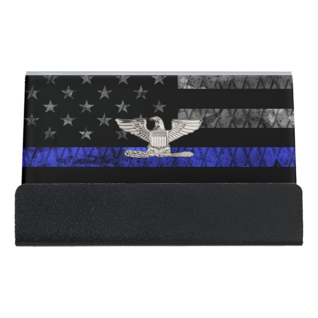 Colonel Thin Blue Line Distressed Flag Desk Business Card Holder (Front)