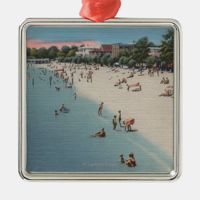 Colonial Beach, VA - Sunbathing & Swimming Scene Metal Ornament (Front)