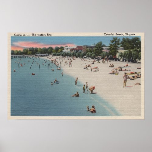 Colonial Beach VA _ Sunbathing  Swimming Scene Poster