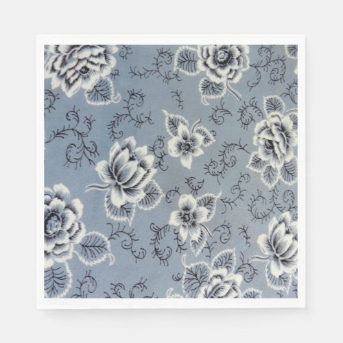 Colonial Blue and Black Flower  Paper Napkins