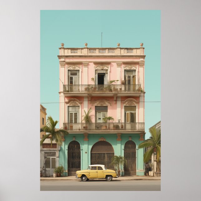 Colonial Building Yellow Car Havana Cuba Poster (Front)