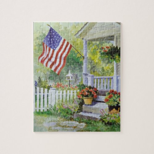 Colonial Country Home American Flag Front Porch Jigsaw Puzzle