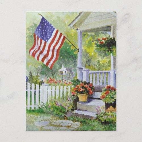 Colonial Country Home American Flag Front Porch Postcard