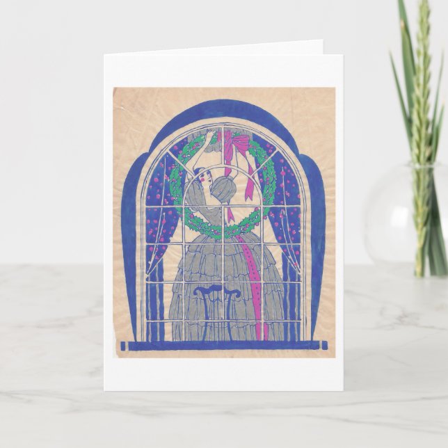 Colonial Lady Hanging a Wreath Holiday Card (Front)