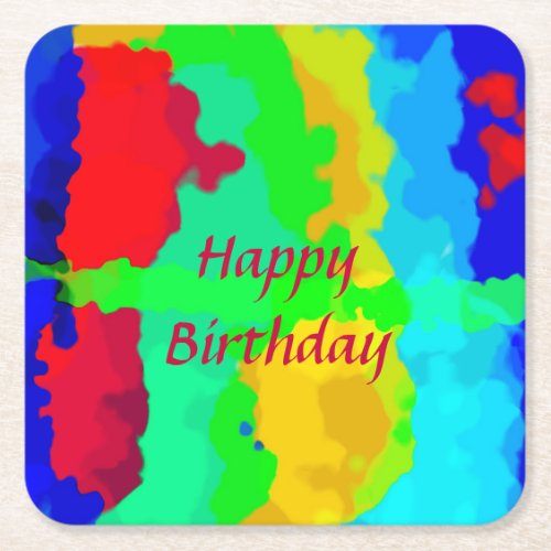 Color Abstract Happy Birthday Colorful Custom Text Square Paper Coaster