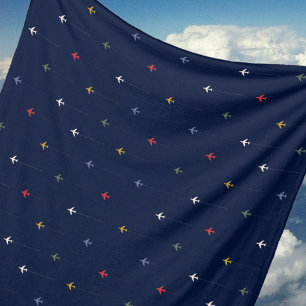 Color Airplanes Aligned Side by Side Dark Blue Fleece Blanket