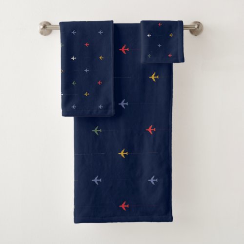 Color Airplanes Aligned Side by Side on Dark Blue Bath Towel Set