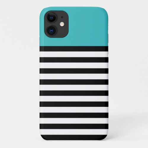 Color Block Aqua Black White Stripe Pattern iPhone 11 Case