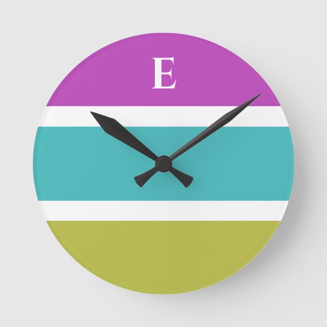 Color Block Bright Modern Monogrammed Round Clock (Front)