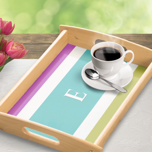 Color Block Bright Stripe Modern Monogrammed Serving Tray (A stylish serving tray with bold, modern color block design, personalized with a monogram initial)