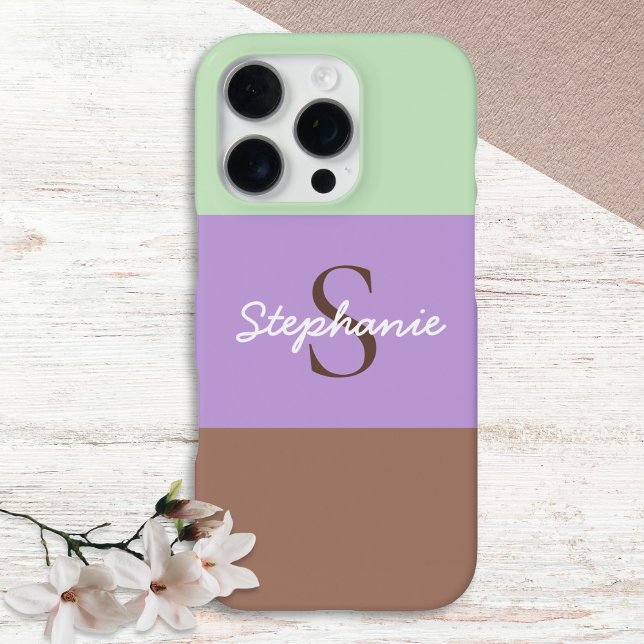 Color Block Chic Taupe Lilac Green Monogrammed iPhone Case (An elegant monogrammed phone case with color block design of wide stripes in taupe, green and lilac)