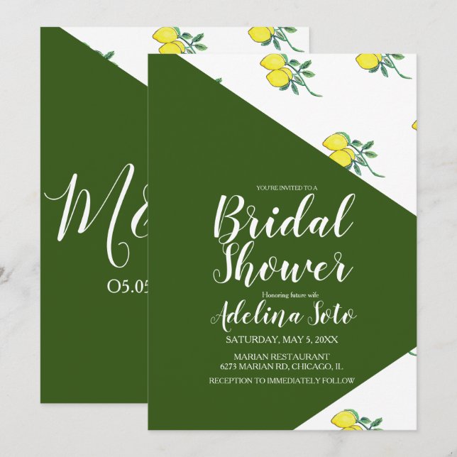 Color Block Citrus Lemon Watercolor Bridal  Shower Invitation (Front/Back)