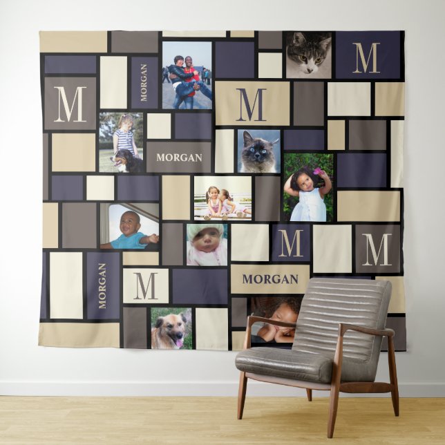 Color Block Coastal Calm Chic Monogram 10 Photo Tapestry (In Situ (Horizontal))