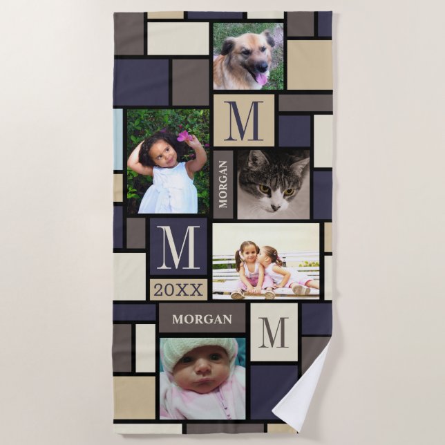 Color Block Coastal Calm Personalized 5 Photo Beach Towel (Front)