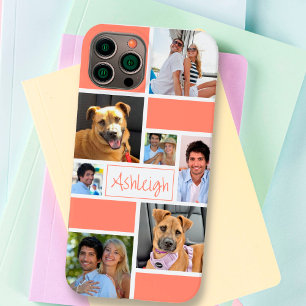 Color Block Coral Simple 7 Photo Name Custom Color Case-Mate iPhone 14 Case
