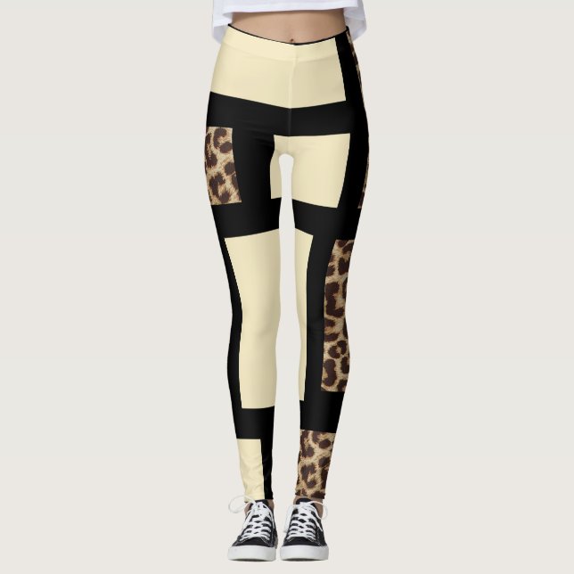 Color block Cream Ivory Black & Leopard Cheetah Leggings (Front)
