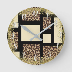 Color Block Cream Ivory Black & Leopard Cheetah Round Clock
