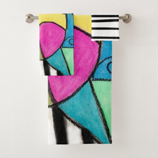 Color Block Cubism Bold Lips Quirky Eyes Colorful Bath Towel Set