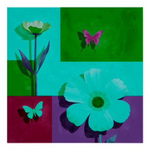 Color Block Floral Glossy Poster with Butterflies
