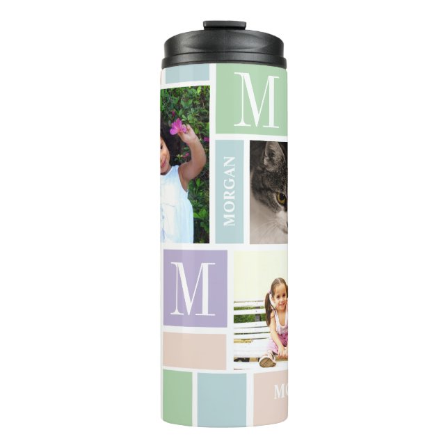 Color Block Fun Pastels Monogram 4 Photo Thermal Tumbler (Front)