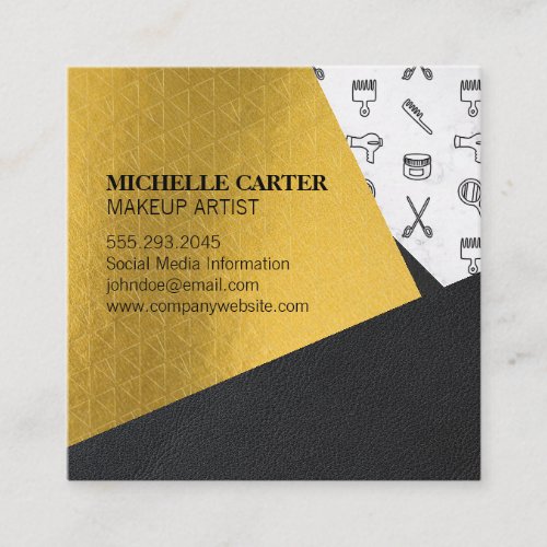 Color Block  Leather  Gold  Makeup and Hair Square Business Card