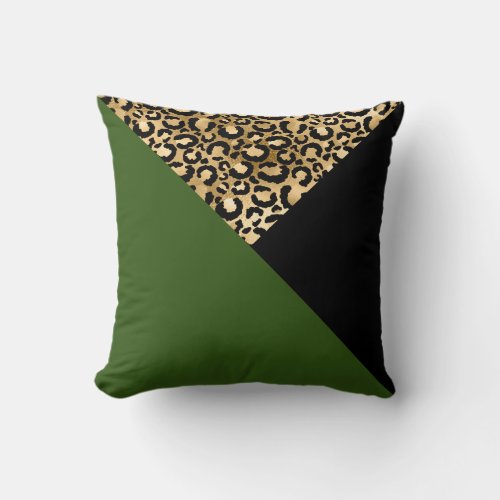 Color Block Leopard Print Green Gold Black Throw Pillow