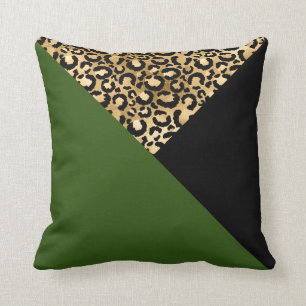 Color Block Leopard Print Green Gold Black Throw Pillow