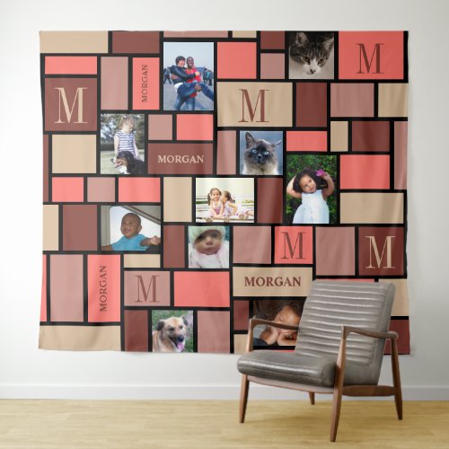 Color Block Living Coral Chic Monogram 10 Photo Tapestry
