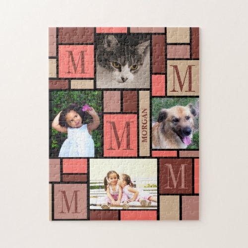 Color Block Living Coral Monogram 4 Photo Family Jigsaw Puzzle