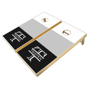 Color Block Modern Black White Monogram Cornhole Set