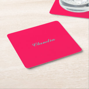 Color block monogram on hot fuchsia pink square paper coaster