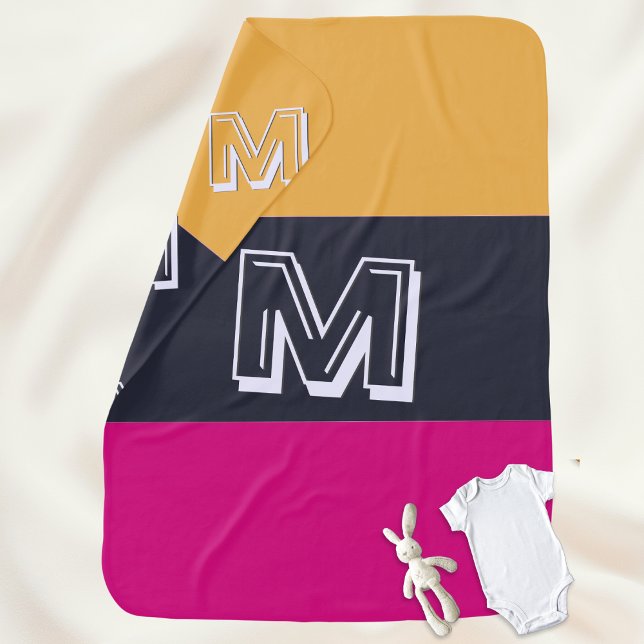 Color Block Monogrammed Simple Striped Modern Baby Blanket (A colorful blanket with monogram initial on a color block design)