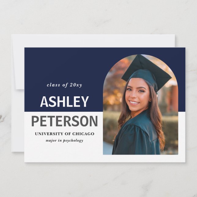 Color Block Navy Arch Photo Graduation Invitation (Front)