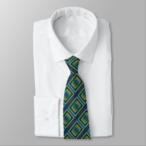 Color Block Pattern Blue Green Turquoise Gray Tan Neck Tie